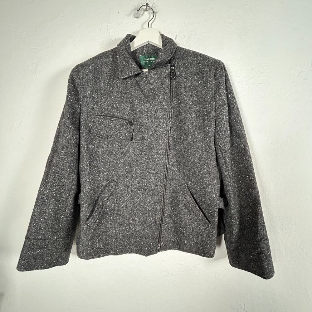 Lauren Ralph Lauren Womens Asymmetric Zip Tweed Jacket Size 12 Gray Pockets